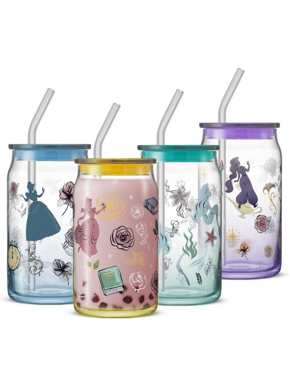 Set of 4 Disney Princess Glass Tumblers with Lids & Straws - 16oz Iced Coffee